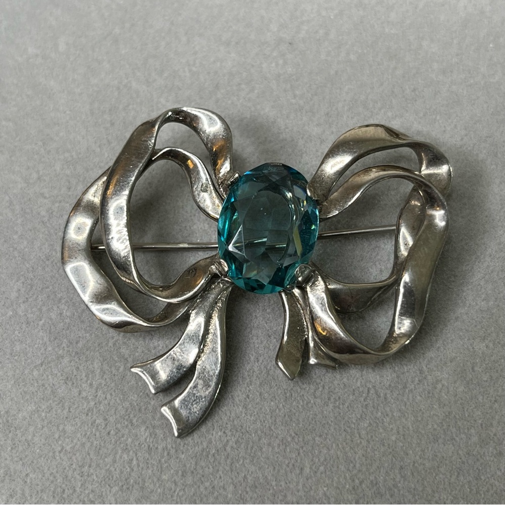 Vintage Uranium Glass Sterling Silver Ribbon Bow Brooch 18.2g